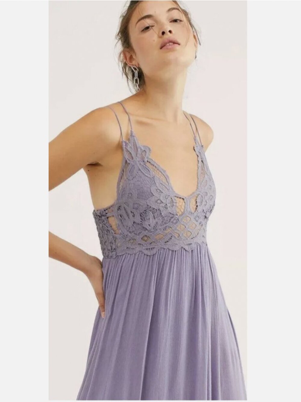 Free People FP One Boho Lace Crochet Maxi Dress Purple Smocked Whimsigoth Fairy